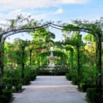 a garden with a fountain in the middle of it